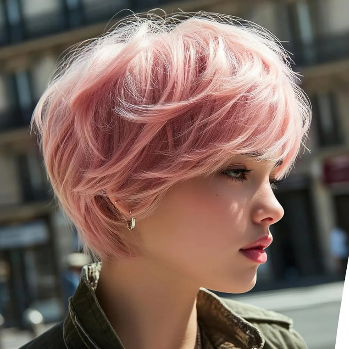 ピクシーカットウィッグ人毛ショートピンクエルフヘアカットウィッグ前髪付きレイヤードウィッグウェーブウィッグ女性用フルマシンメイドウィッグ