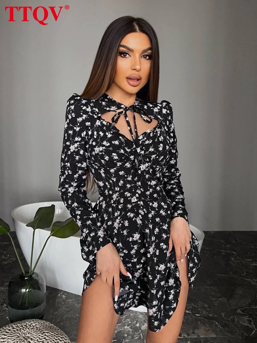 

TTQV Fashion Loose Print Women's Dress 2026 Autumn O-Neck Long Sleeve Mini Dresses Elegant Classic Hollow Out Female Dress