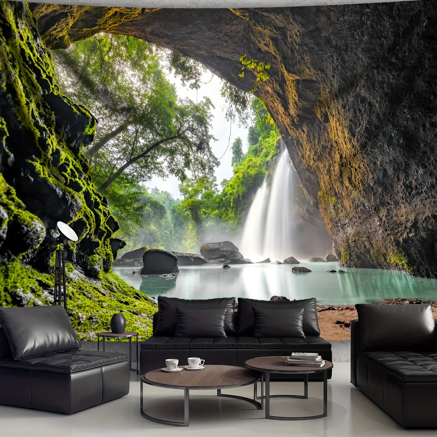 Waterfall Cave Tapestry Nature Scenic Wall Hanging Tropical Forest Relaxing Decor for Bedroom Meditation Yoga Studio Calm Vibe