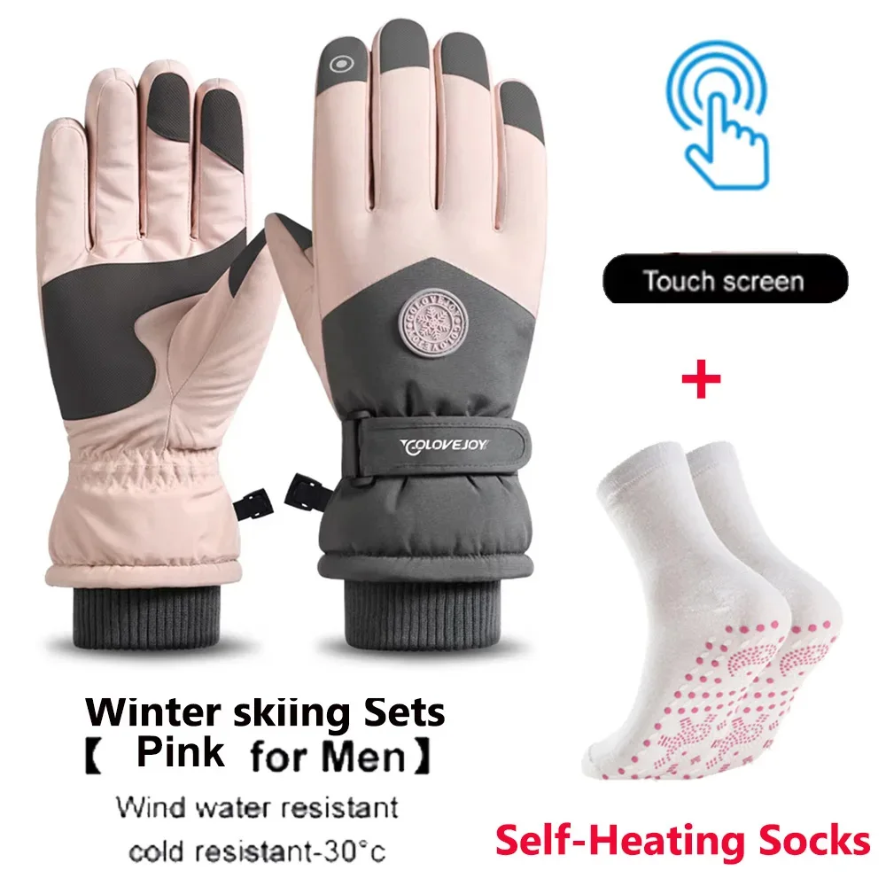 Waterproof Ski Gloves +Self-Heating Socks Women Winter Touch Screen Snow Gloves Fleece Lined Warm Thermal Gloves for Snowboard