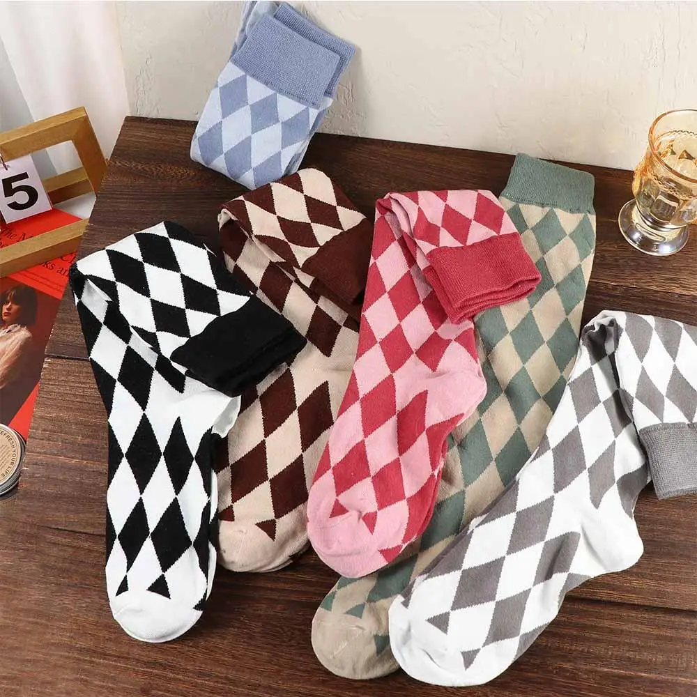 Sexy Warm Lolita Cotton Student JK Plaid Knee High Socks Women Stockings Rhombus Check Socks Hosiery