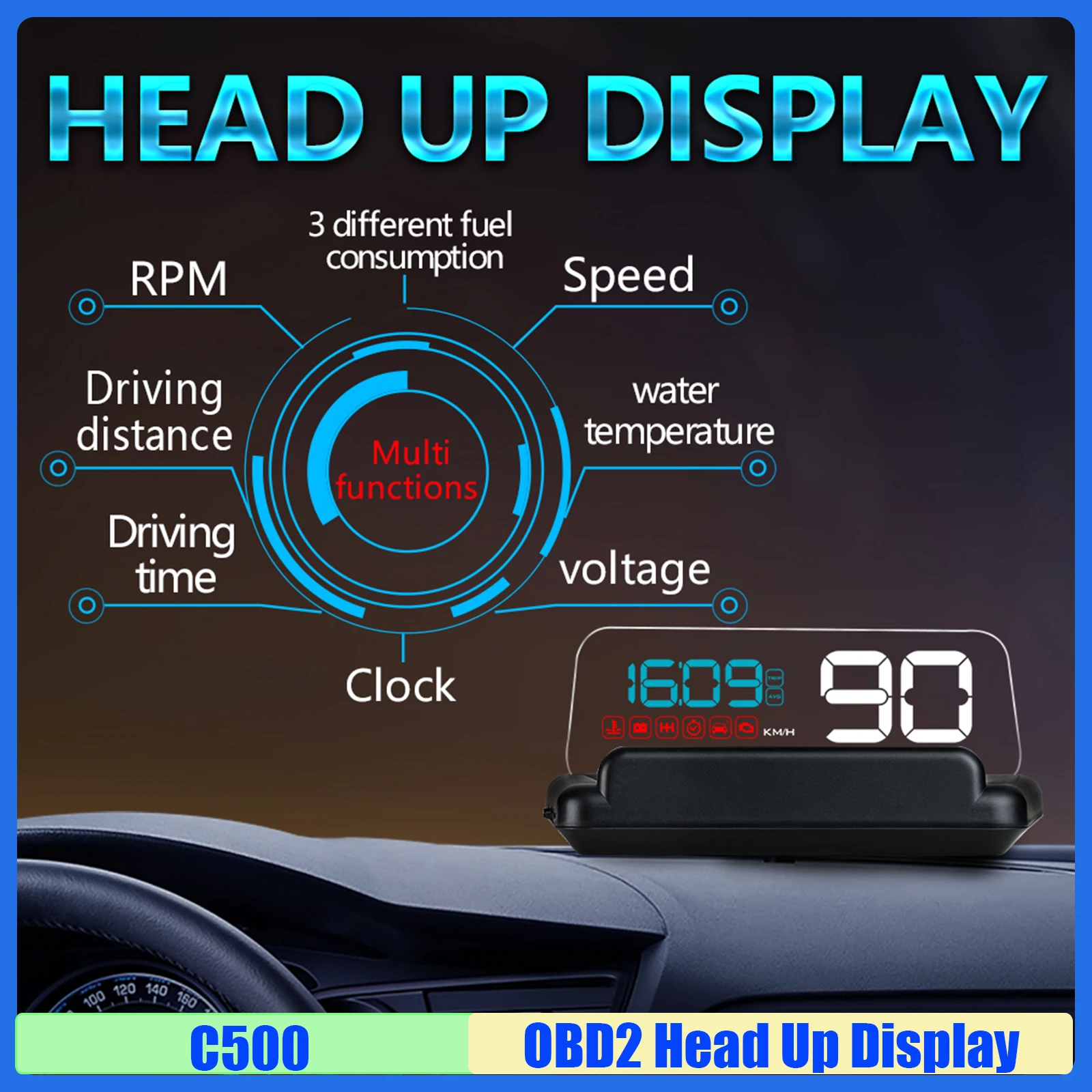 

C500 HUD Auto OBD2 Head-Up Display Speedometer RPM Water Temperature Voltage Overspeed Alarm Fatigue Driving Reminder custom