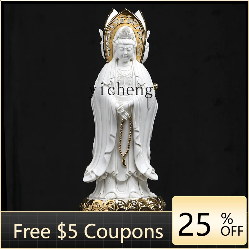 LYY  Ceramic Nanhai Three-Faced Guanyin Statue Buddha Statue Worship Ornament White Porcelain