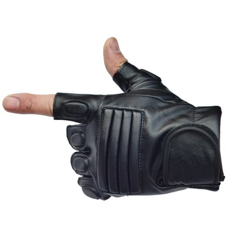 Damping Slip Motion PU Leather Motorcycle Gloves Outdoor Cycling Half Finger Gloves Mens Women\'s Fitness Boxing Black Gloves