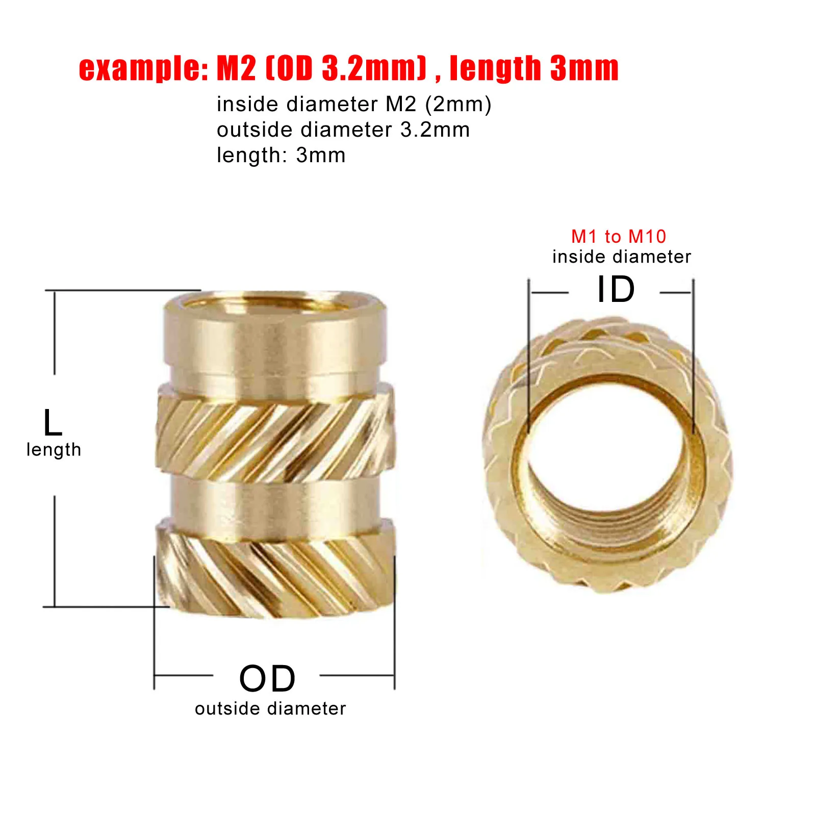 M1.6 M2 M2.5 M3 M4 M5 M6 M8 Dado inserto in ottone rame per stampaggio ad iniezione di calore hot melt Stampa 3D Twill Filettatura zigrinata