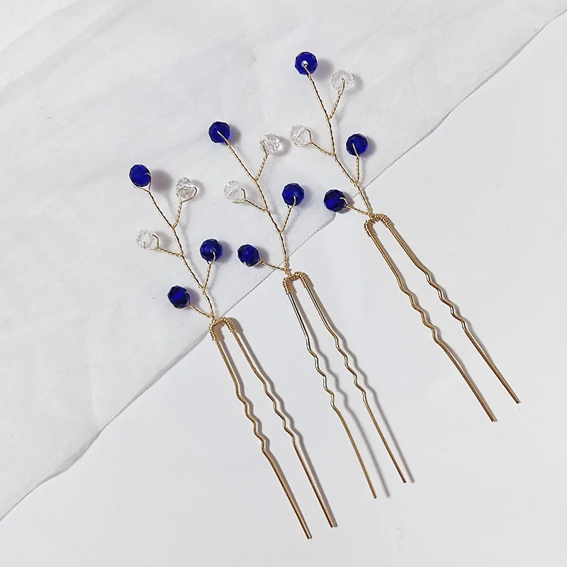 3 قطعة دبابيس الشعر اللؤلؤ حلية شعر U-شكل شوكة الزفاف إكسسوارات الشعر مقاطع الشعر دبوس الشعر اللون الأزرق مطرز الشعر عصا