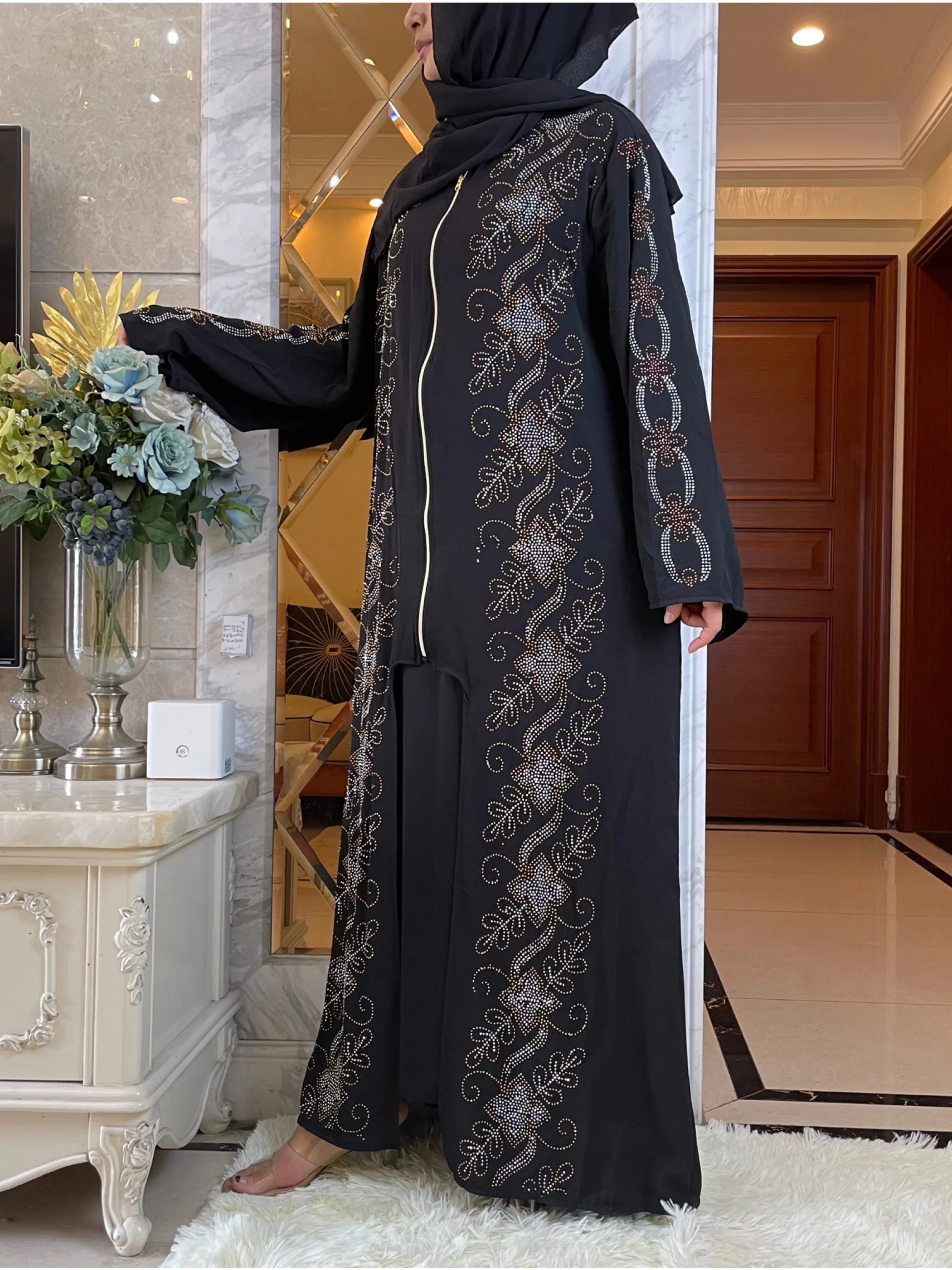 New African Muslim Zipper Dress Women Eid Autumn Abaya Middle Long Sleeve Robes Fashion Diamond Ladies Muslim Wear Ramadan Party