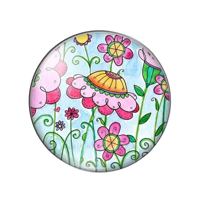 Colorful Art Drawing Flowers Patterns 10mm/12mm/16mm/18mm/25mm Round Photo Glass Cabochon Demo Flat Back Making Findings