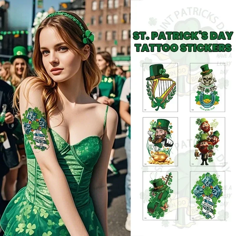 Clover Green Old Dwarf St. Patrick's Day Disposable Tattoo Sticker for Party in Arm Neck Leg Adult and Children Decora Graffiti