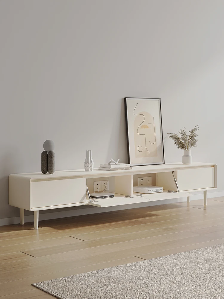 

Nordic cream wind TV cabinet baking paint modern simple small apartment narrow 35cm wide solid wood high foot TV cabinet