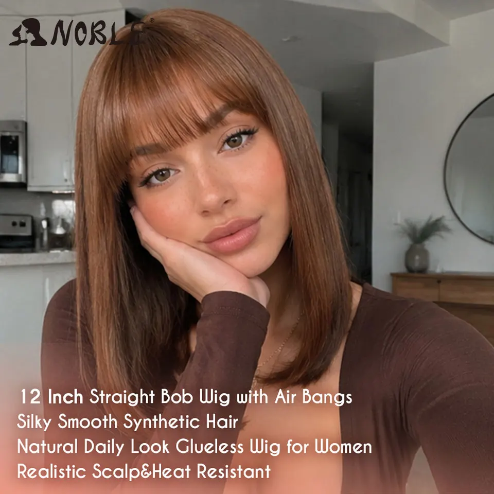 NOBLE 12 Zoll, schokoladenbraune, gerade geschnittene Bob-Perücke aus Kunsthaar, mit Luftfransen, hitzebeständig, für Damen, geeignet für den täglichen Gebrauch, Partys und Cosplay. – Detail 6