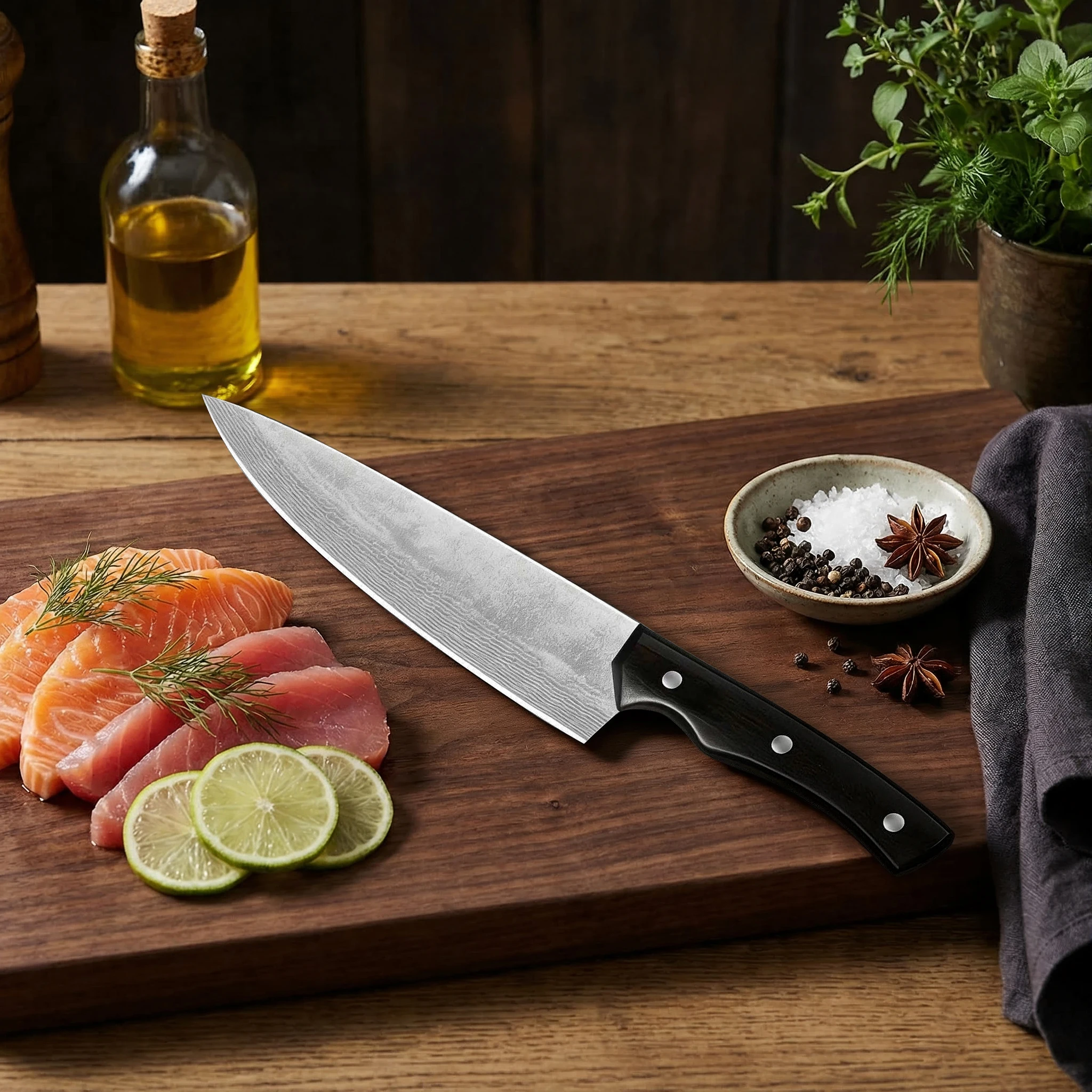 Nuevo Cuchillo de Cocina de Acero de Damasco de 8 Pulgadas Mejorado - Cuchillo de Chef y Carne Ultra Afilado para Rebanar Carne, Cortar Verduras en Cubos, Uso Profesional