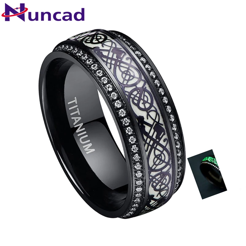 NUNCAD Black Dragon Luminous Titanium Steel Inlay White Zirconia Green Background Hot Stainless Steel Ring Gift