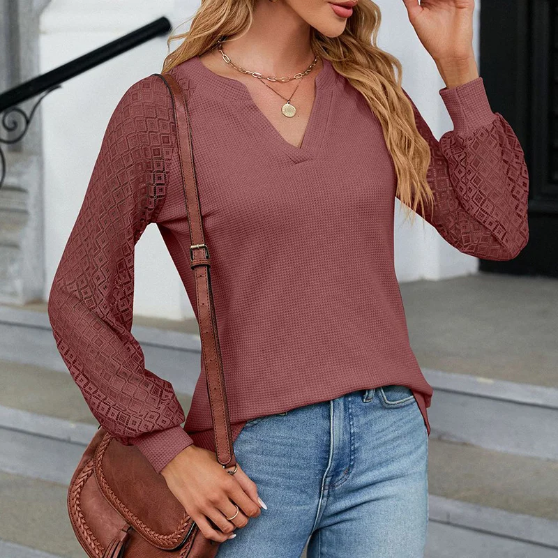 Autumn Retro Elegant Fashion Top Prairie Chic Minimalist V Neck Long Sleeve Hollow Out Solid Color Loose Casual Pullovers Women