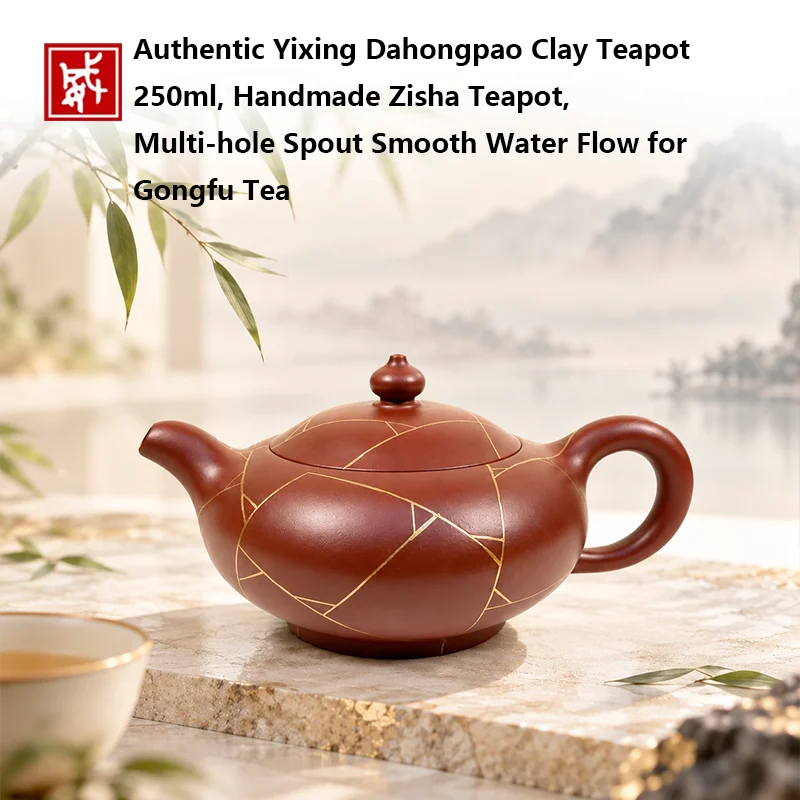 Authentic Yixing Dahongpao Clay Teapot 250ml, 2 Styles (Plain / Gold Painted), Handmade Zisha Teapot, Multi-hole Spout Smooth Wa