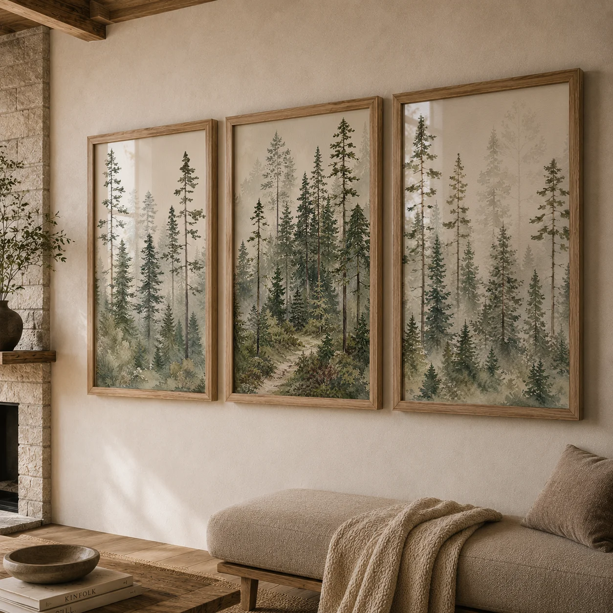 Nordic Pine Forest Wall Art Landscape Canvas Painting Misty Woodland Poster Print Living Room Decor