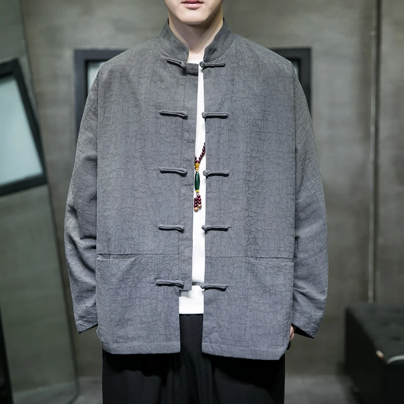 

Loose Fit Cotton Linen Jaet for Men Button up Stand Collar Long Sve Spring Autumn Youth ular Traditional Chinese Sl...