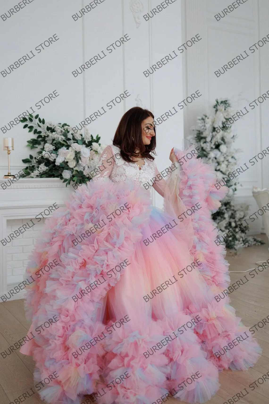 Luxury Puffy Mesh Prom Ball Gowns Pretty Rainbow Color Tulle Ruffles Formal Party Dress Extra Fluffy Long Photography Dresses