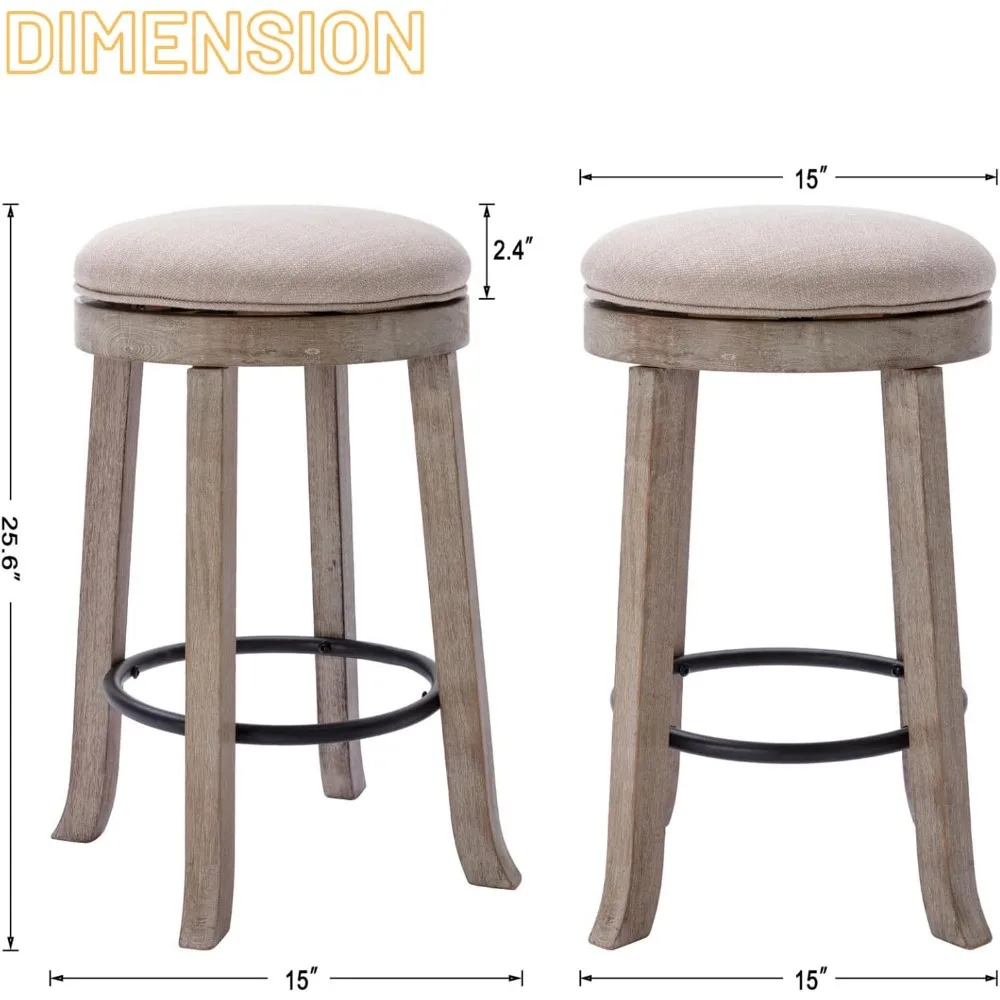 French Vintage Swivel Bar Stools Set of 4, 26” Counter Height Stools, Fabric Armless Barstool with Rubberwood Legs