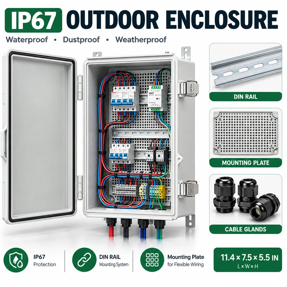 Outdoor Electrical Enclosure IP67 Waterproof Junction Box ABS 11.4x7.5x5.5in DIN Rail Mounting Plate Cable Glands For Solar Pump