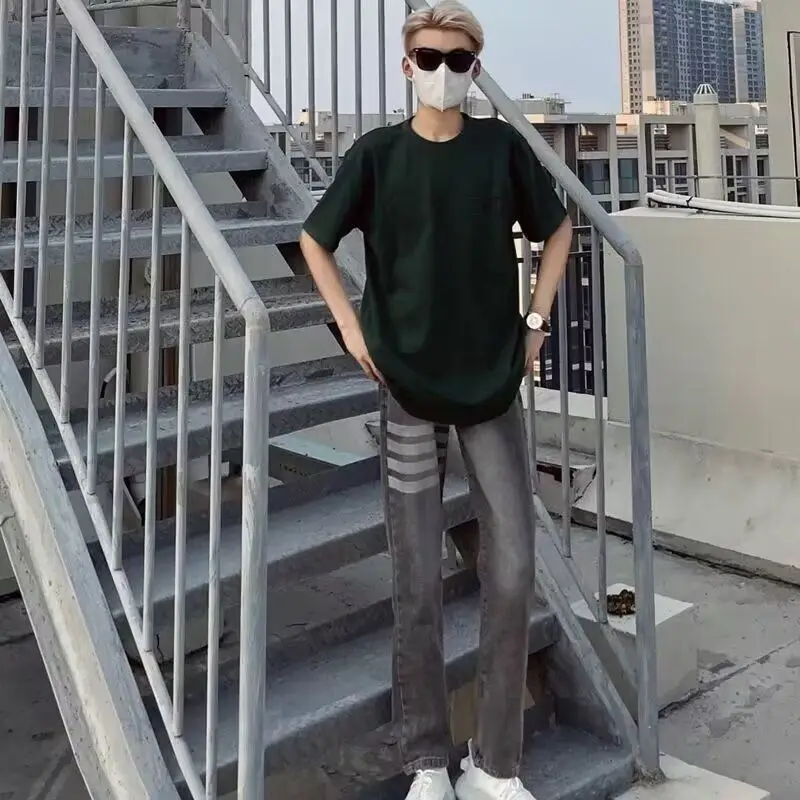 

Hong Kong Style Men's Summer New Four Stripe Personality Jeans Hip Hop INS Trendy High Street Cool Nine Point Pants