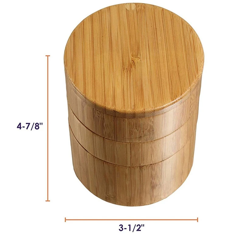 A74E-Bamboo Triple Salt Box,Wood Box,3-Tier Round Bamboo Box For Salt Or Spice With Magnetic Swivel Lid Spice Storage Box