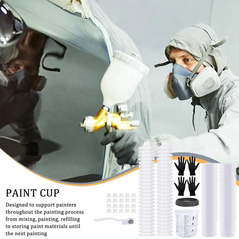 Automotive Paint Cups 600ml Car Paint Cup Include 50 Cup Liners 50 Lids 1 Hard Cup 20 Plugs 1 Pair Gloves 1 Brush