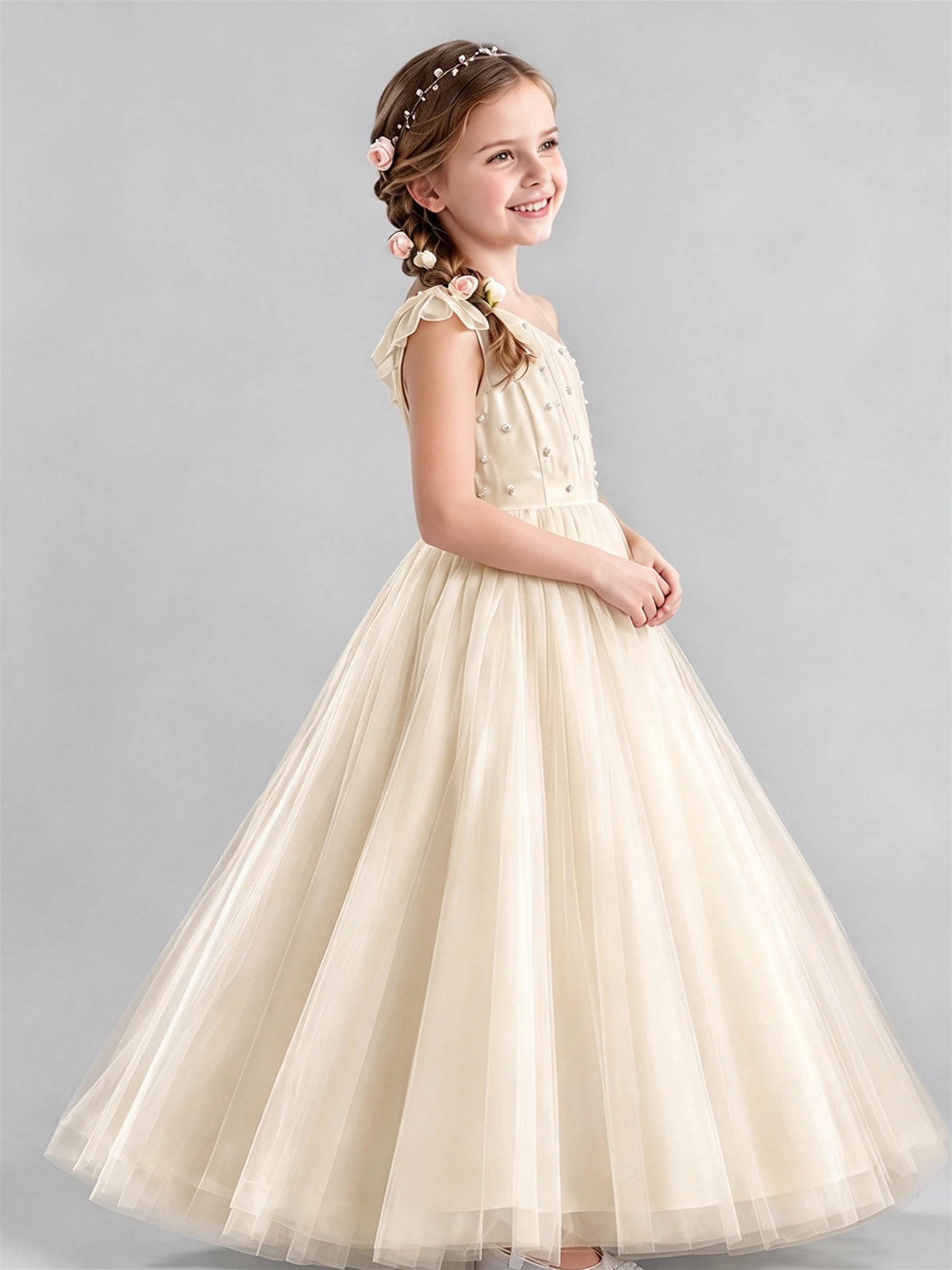 Customized Flower Girl Dress For Wedding Bow Pearls Sleeveless Floor Length Elegant Kids Birthday Party First Communion Gown
