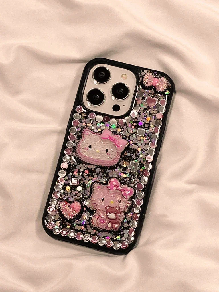 Cute Cartoon Hello Kitty Iphone Case Sanrio Three-dimensional Glue Protective Case for Iphone 16 15 14 13 12 Promax