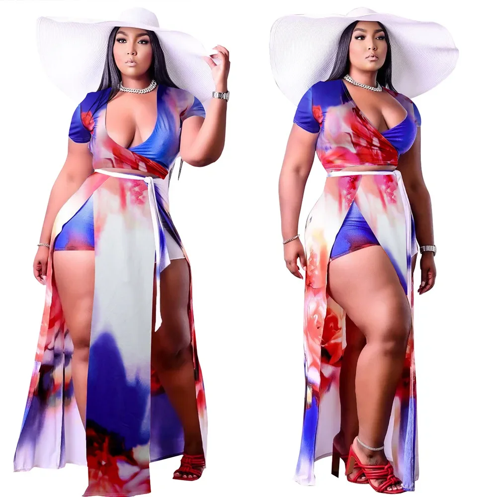 Ensemble deux pièces sexy pour la plage, jupe grande taille 2XL-5XL, imprimé club, fendu, bandage, haut court, livraison directe, 2024