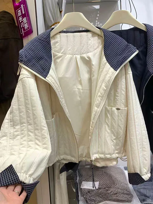 

Легкая хлопковая куртка с капюшоном и клетчатыми вставками, женская, весна-осень, новый стиль, тонкое хлопковое пальто, легкая хлопковая одежда