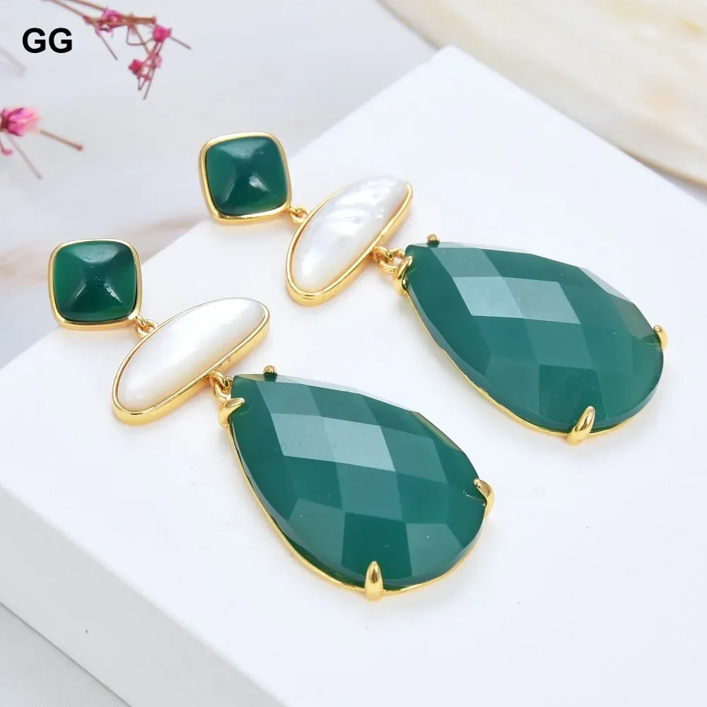 GG Geometric Natural Green Agate Peruvian  White Shell Gold Plated Stud Earrings Vintage Style For Lady