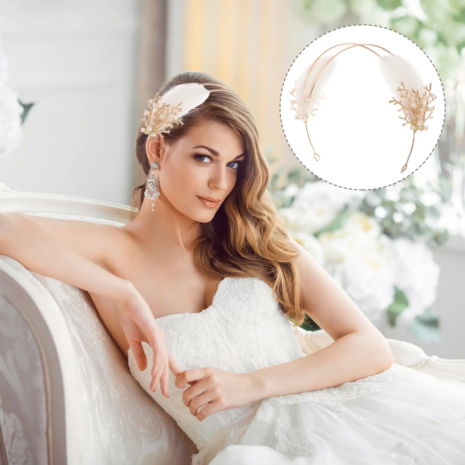 

Exquisite Plume Headpiece for Women Bridal Wedding Hair Accessory Elegant Metal Hairband for Photo Shoot Evening Party Bride