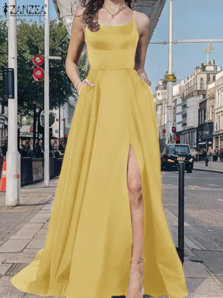ZANZEA เซ็กซี่ปาร์ตี้ชุดผู้หญิงสายคล้องคอ Vestidos 2025 ฤดูร้อนซาตินผ้าไหม Maxi Dresses Elegant High Slit เสื้อคลุมยาว