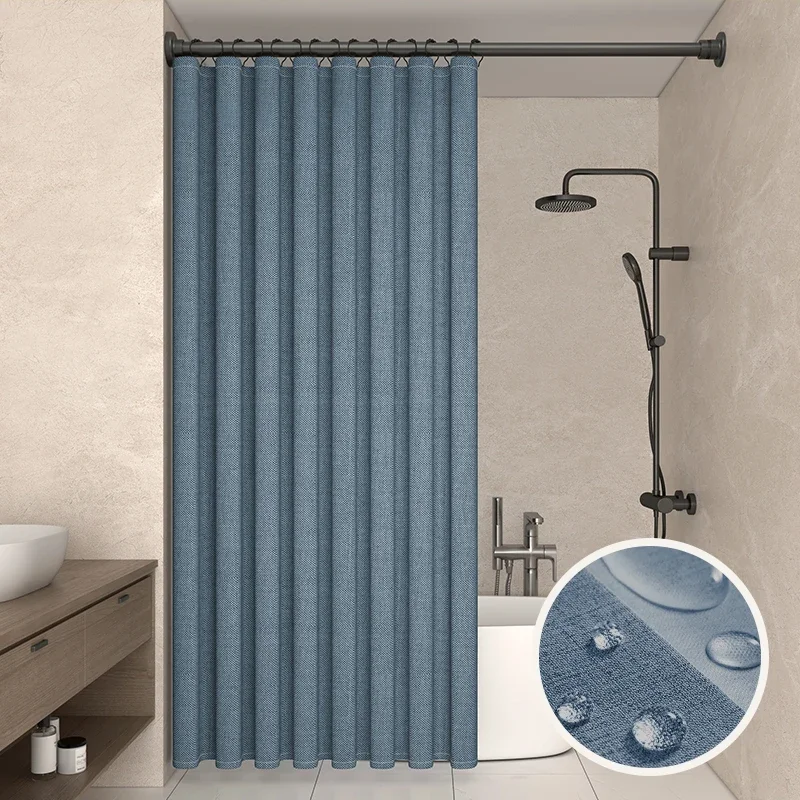 

Modern blue shower curtain waterproof polyester imitation linen fabric simple style bathroom