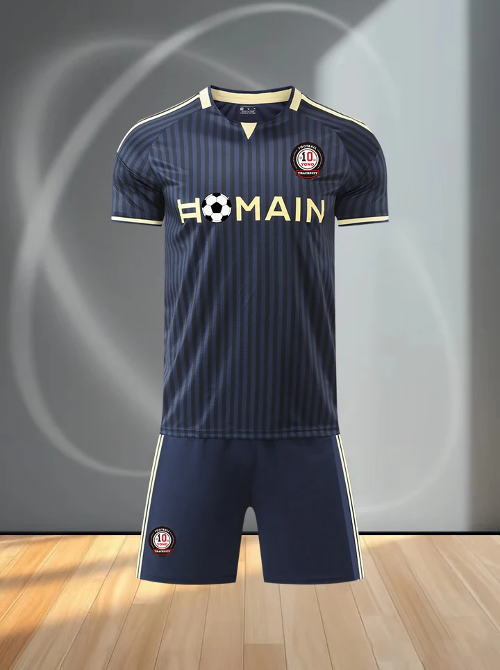 Men Navy Striped Short Sleeve Football Jersey Set Soccer Uniform Quick Dry Breathable Shirt Shorts Kit For Training Match