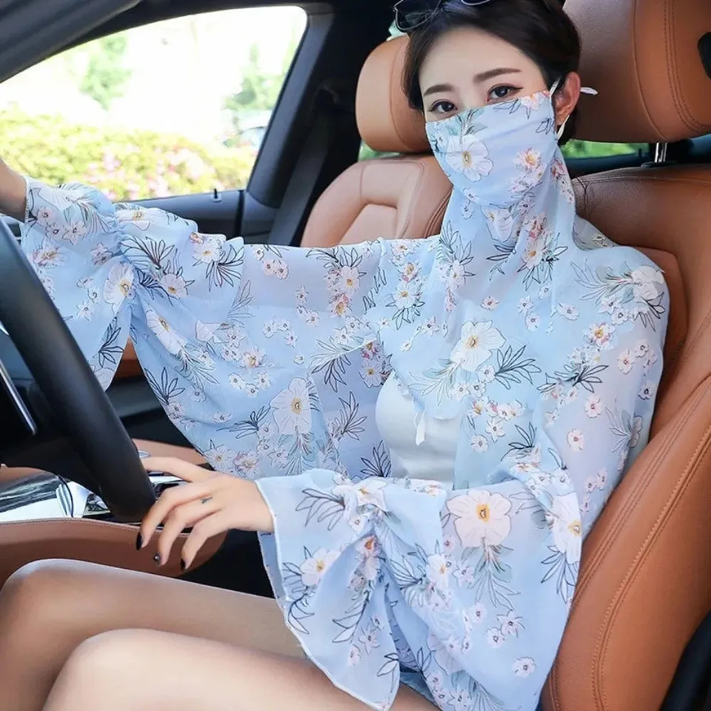 

New Women Print Flower Chiffon Sunscreen Riding Arm Shade Scarf Shawl Sleeve Outdoor Cycling Driving Neck Protection Face Cover