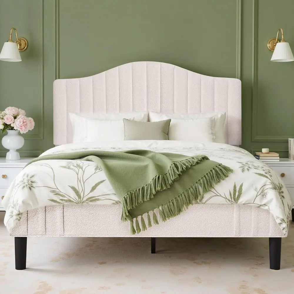 

Queen Size Upholstered Platform Bed with Height-Adjustable Fabric Headboard, 7.9 Wood Slats, Under Bed Storage, Beige