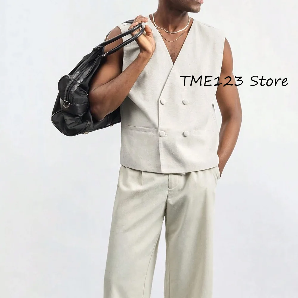 

Повседневный мужской жилет из льняной ткани с v-образным вырезом, двубортный модный костюм, прямые карманы, без рукавов, мужские рабочие костюмы, блейзер