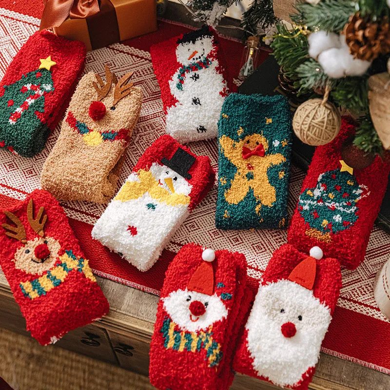 Winter Socks for Women Thicken Coral Velvet Christmas Sock Gingerbread Man Snowman Santa Claus Mid-Calf Socks Cartoon Sleep Sock