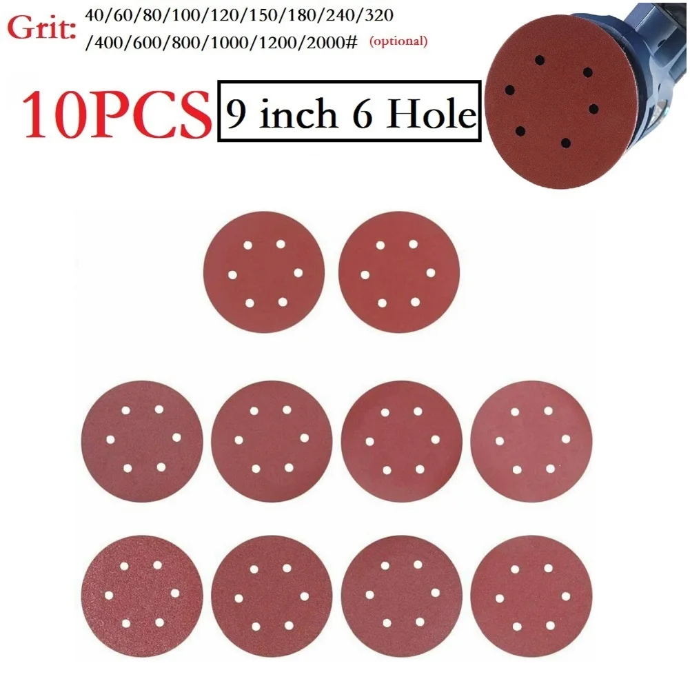 

10pcs 225mm 9" Hook Loop Sanding Discs 6 Hole Sandpaper Pads Set 40Grit-2000Grit Sander Electric Wall Polisher Abrasive Tools