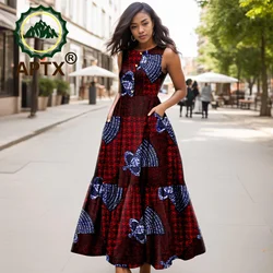 African Women's Dress Ankara Sleeveless High Waist Loose Casual A-Line Dresses with Pocket Dashiki Print Party Wedding Clothes