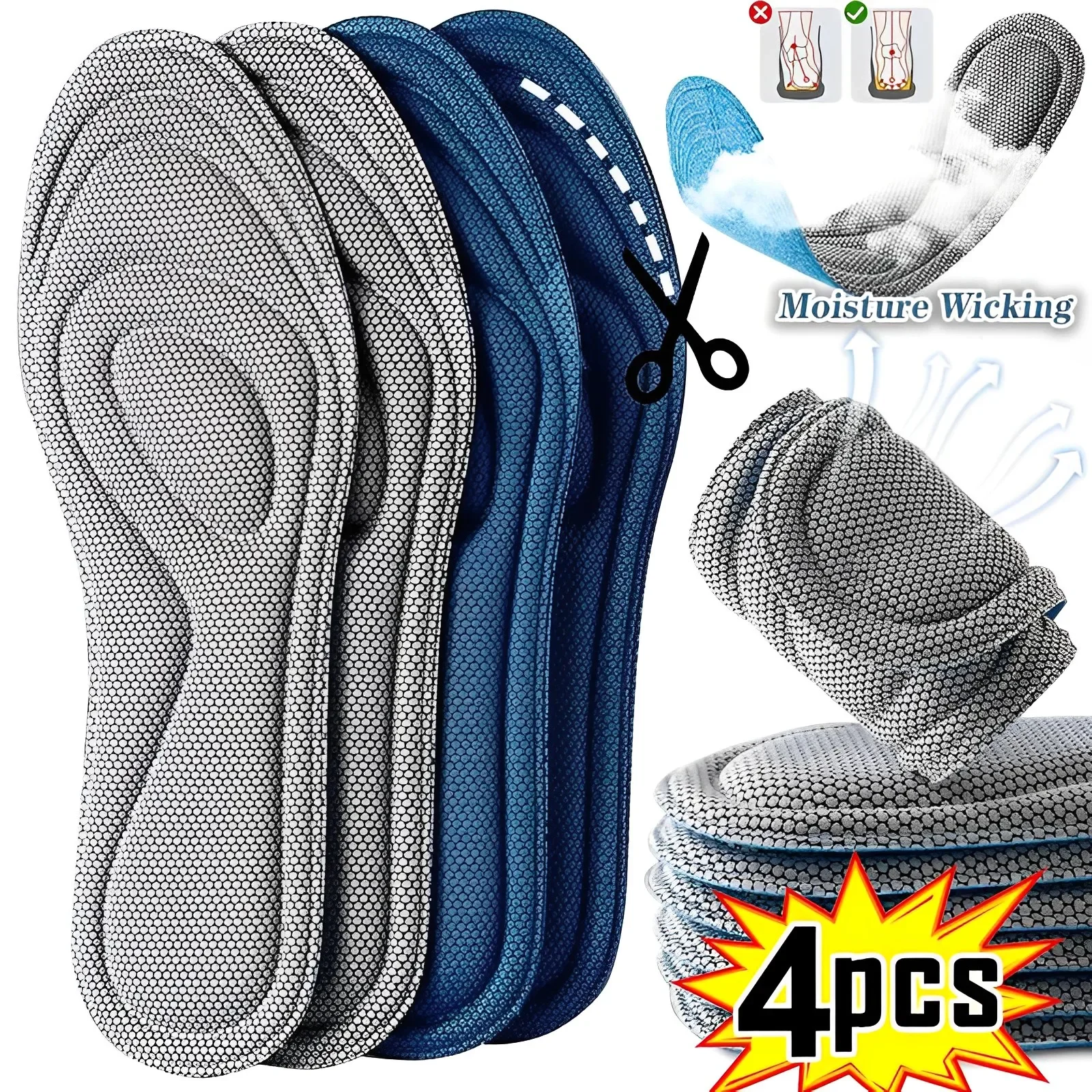4 Stück orthopädische Einlegesohlen aus Memory-Schaum für Schuhe, antibakterielle Desodorierung, Schweißabsorption, Einsatz für Sportschuhe, Laufpolster – Detail 1