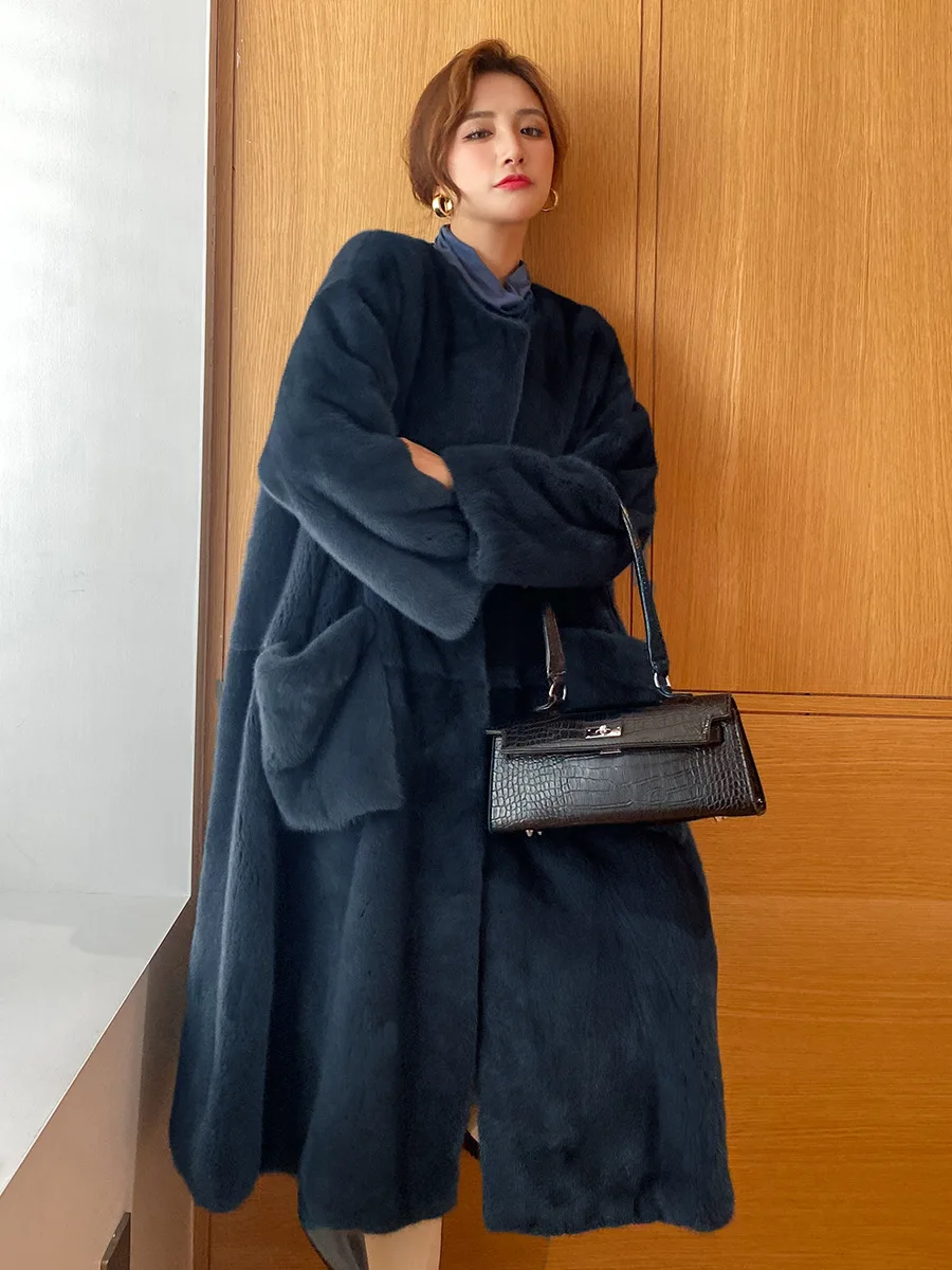 Women Faux Fur Coats Mid Length Fur Jackets Pocket Round Y2k Neck Long Sleeves Thick Warm Fur Loose Casual 2025 Autumn Winter