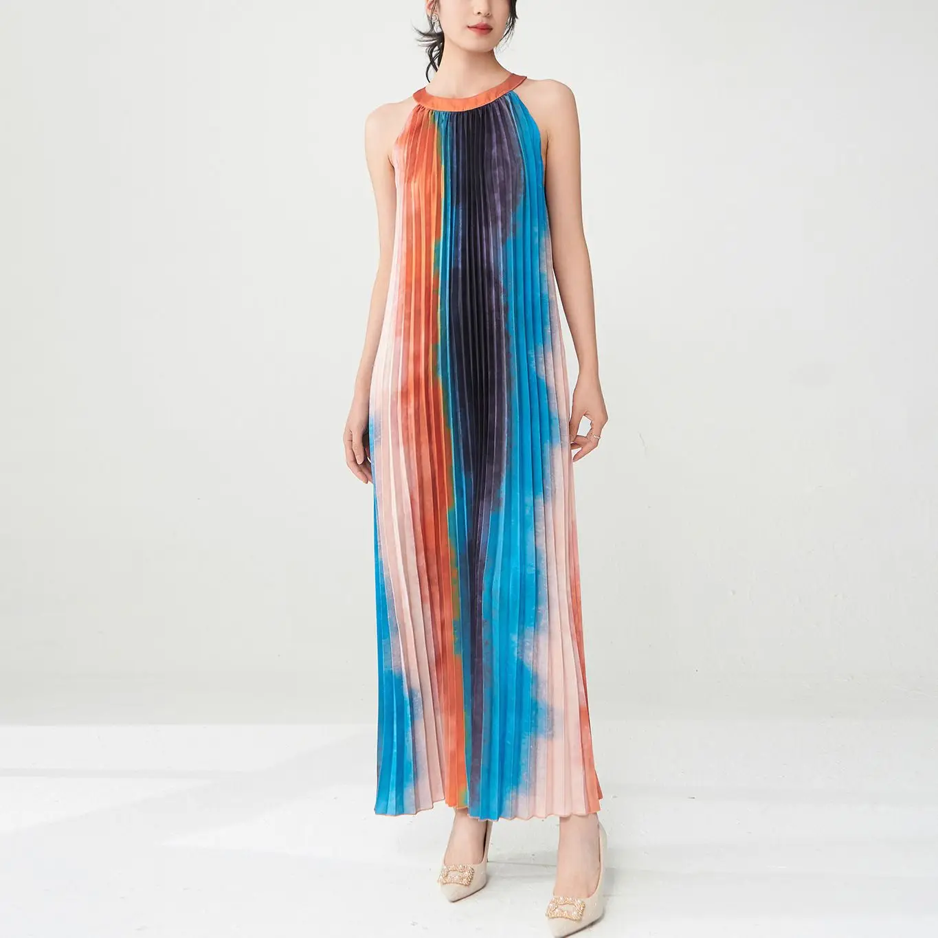 

Женское элегантное вечернее платье из Европы и США с круглым вырезом без рукавов и геометрическим узором, свободные складные дизайнерские платья большого размера