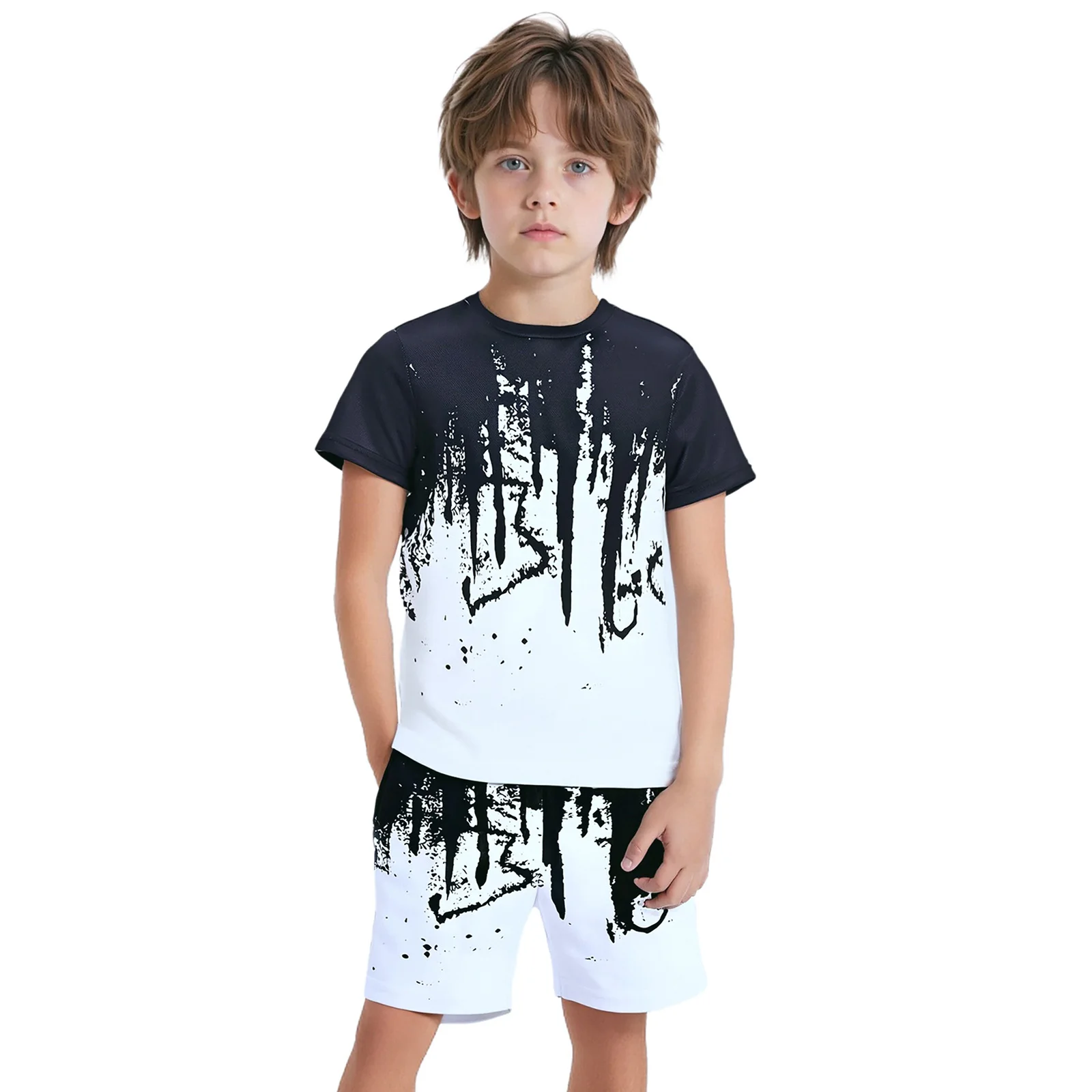 

Kids Boys Sports Suit 2-Piece Quick-Drying Athletic Outfit Print Gradient Short Sleeve T-shirt+Drawstring Elastic Waist Shorts