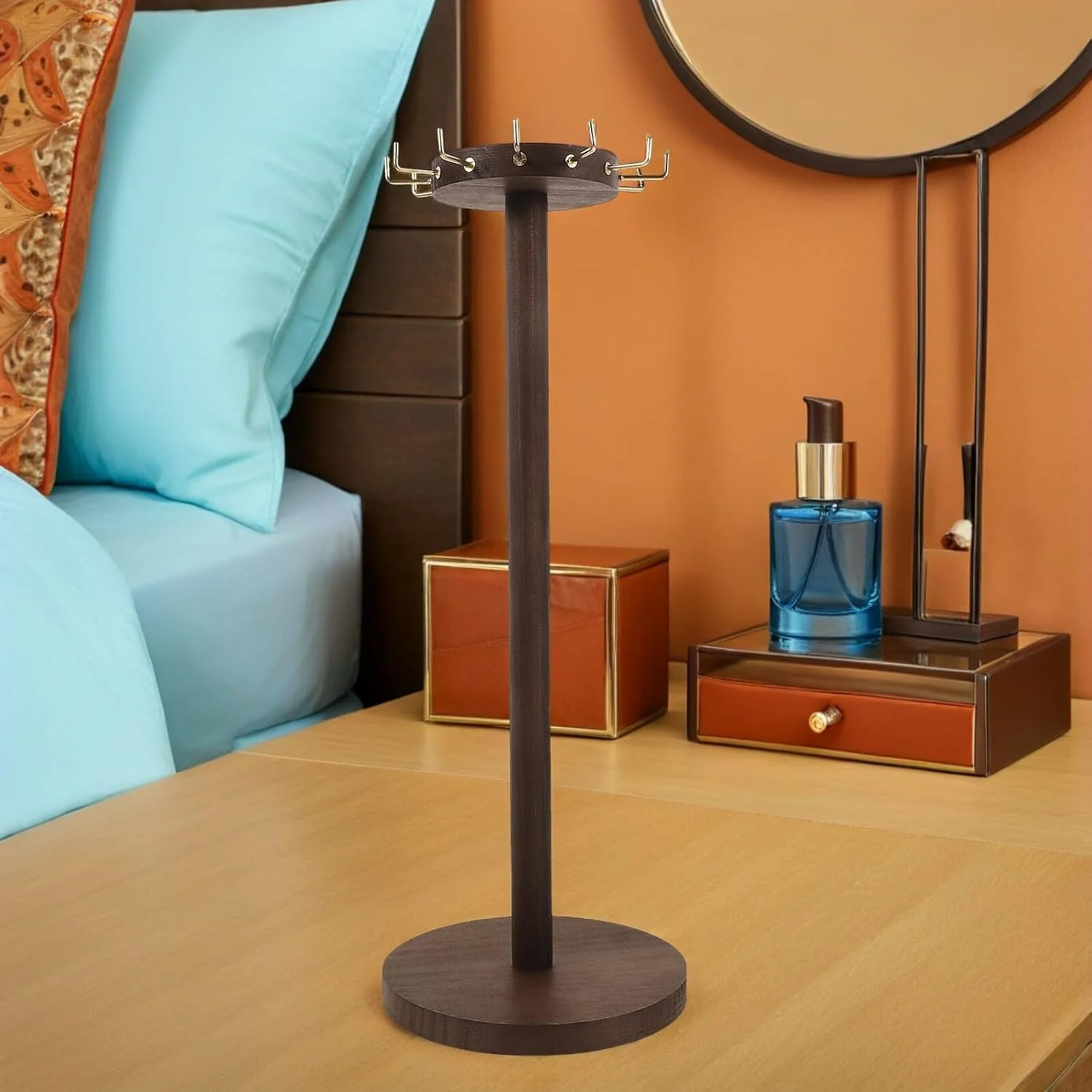 

Vintage Wooden Necklace Display Stand with Hooks Retro Jewelry Organizer for Necklaces Earrings Bracelets Keychains Natural Wood