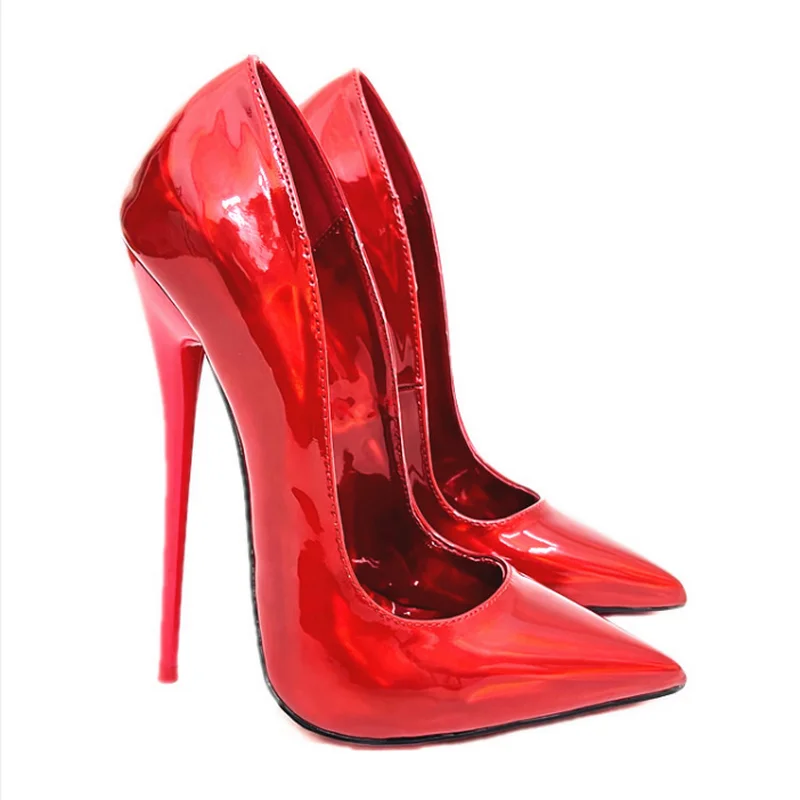 CACA 2024 Sexy 16cm Stage Show Shoes Women Pumps,Patent Leather High Heels,Shallow Out,Fashion Pointed Toe,Laser Silver,Red,