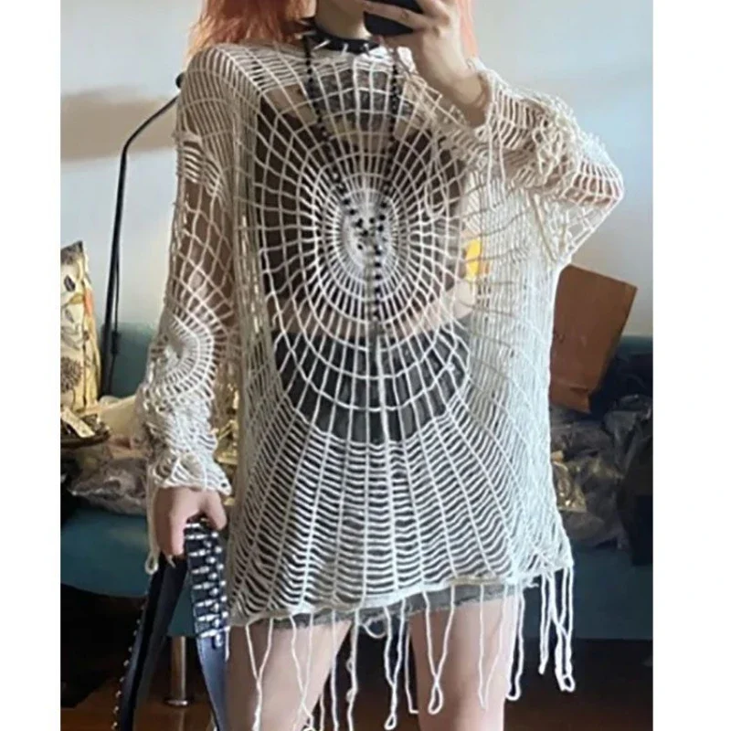 

Spider Web Knitted Sweater Women Hollowed Out Hole Grunge Y2k Streetwear Vintage Crochet Long Sleeve Top Harajuku Coat