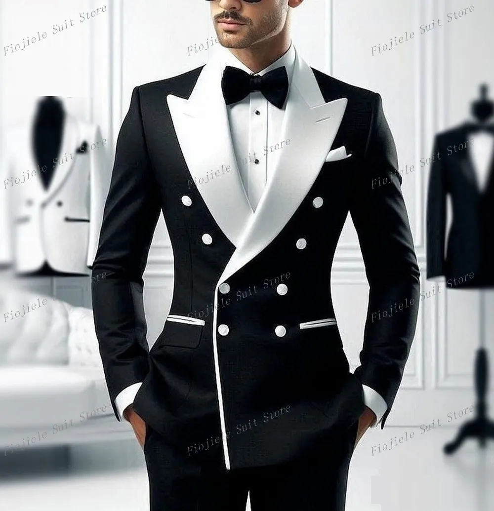 

White Lapel Black Formal Occasion Men Suit Groom Groomsman Wedding Party Prom Business Casual Tuxedos 2 Piece Set Blazer Pants